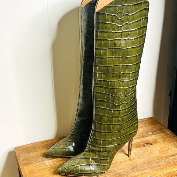 SCHUTZ Brand New Maryana Pointed Toe Boot In Military Green Womens 7.5 Crocodile - Picture 1 of 8